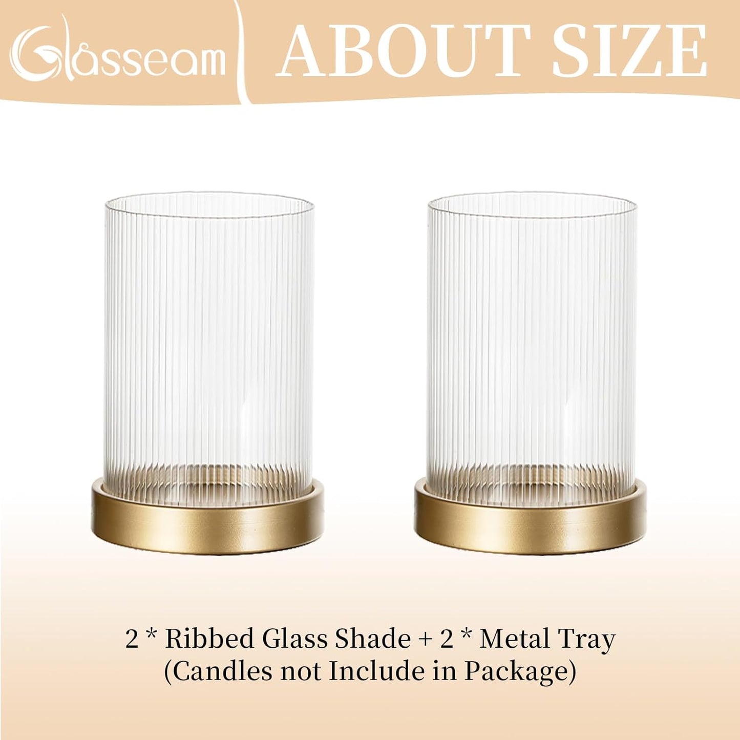 Hurricane Glass Candle Holder: Gold Pillar Candle Holders Set of 2 Ribbed Glass Cylinder Covers with Metal Candle Tray Modern Candle Holders for Table Centerpiece Living Room Decorations