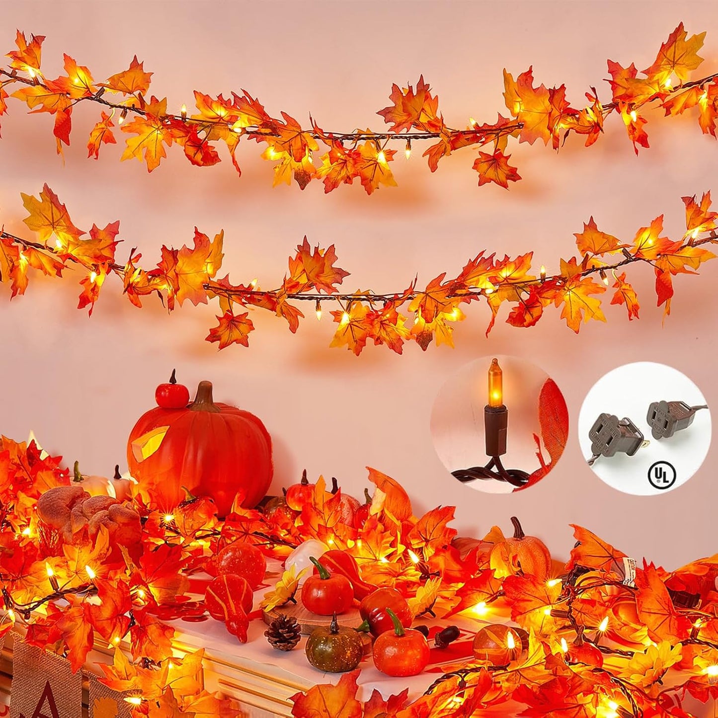 Fall Decorations for Home 9FT Plug in Thanksgiving Lights Lighted Fall Garland 50 Bulbs Maple Leaves Lights, Connectable Fall Light for Indoor Outdoor Halloween, Thanksgiving, Holidays Decorations