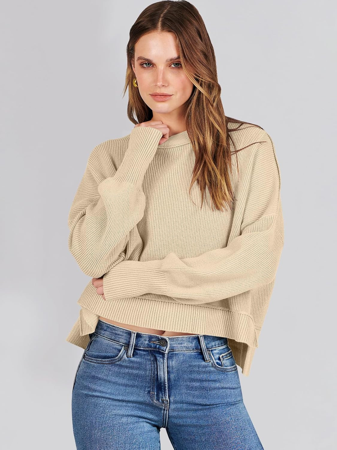 Womens Cropped Sweaters Oversized Crewneck Long Batwing Sleeve Side Slit Ribbed Knit Pullover Tops 2025 Fall Clothes