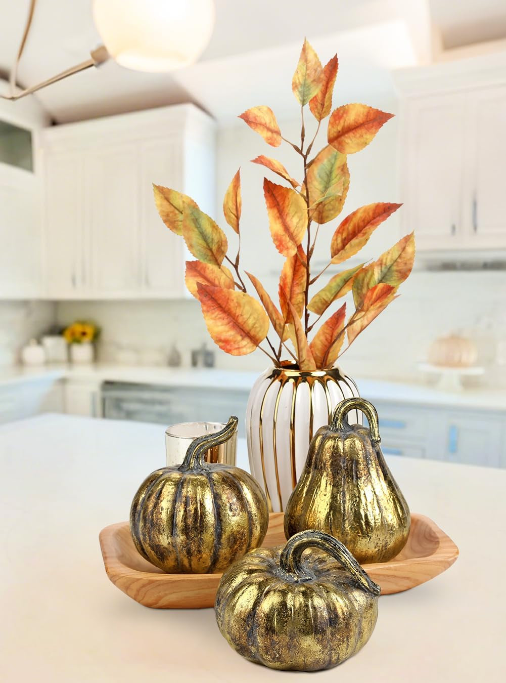 Fall Pumpkin Decor 3 PCS Gold Resin Pumpkin Figurines Fake Pumpkins for Decorating Faux Pumpkins Fall Decorations Rustic Farmhouse Home Centerpiece for Thanksgiving Harvest Halloween Autumn