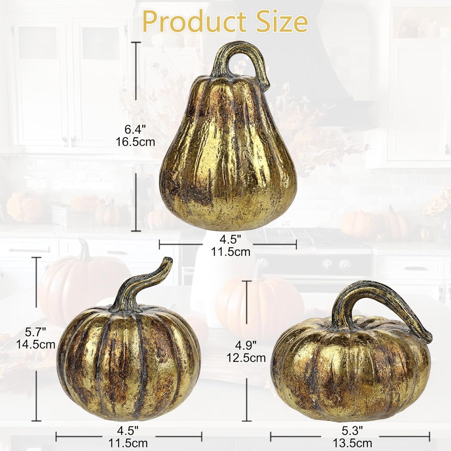 Fall Pumpkin Decor 3 PCS Gold Resin Pumpkin Figurines Fake Pumpkins for Decorating Faux Pumpkins Fall Decorations Rustic Farmhouse Home Centerpiece for Thanksgiving Harvest Halloween Autumn