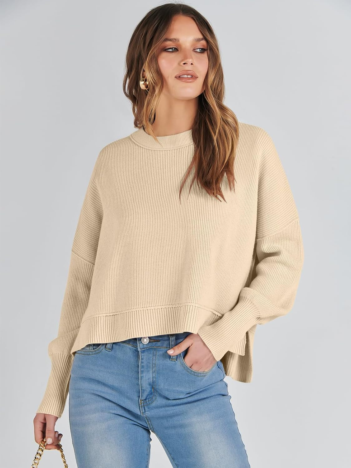 Womens Cropped Sweaters Oversized Crewneck Long Batwing Sleeve Side Slit Ribbed Knit Pullover Tops 2025 Fall Clothes