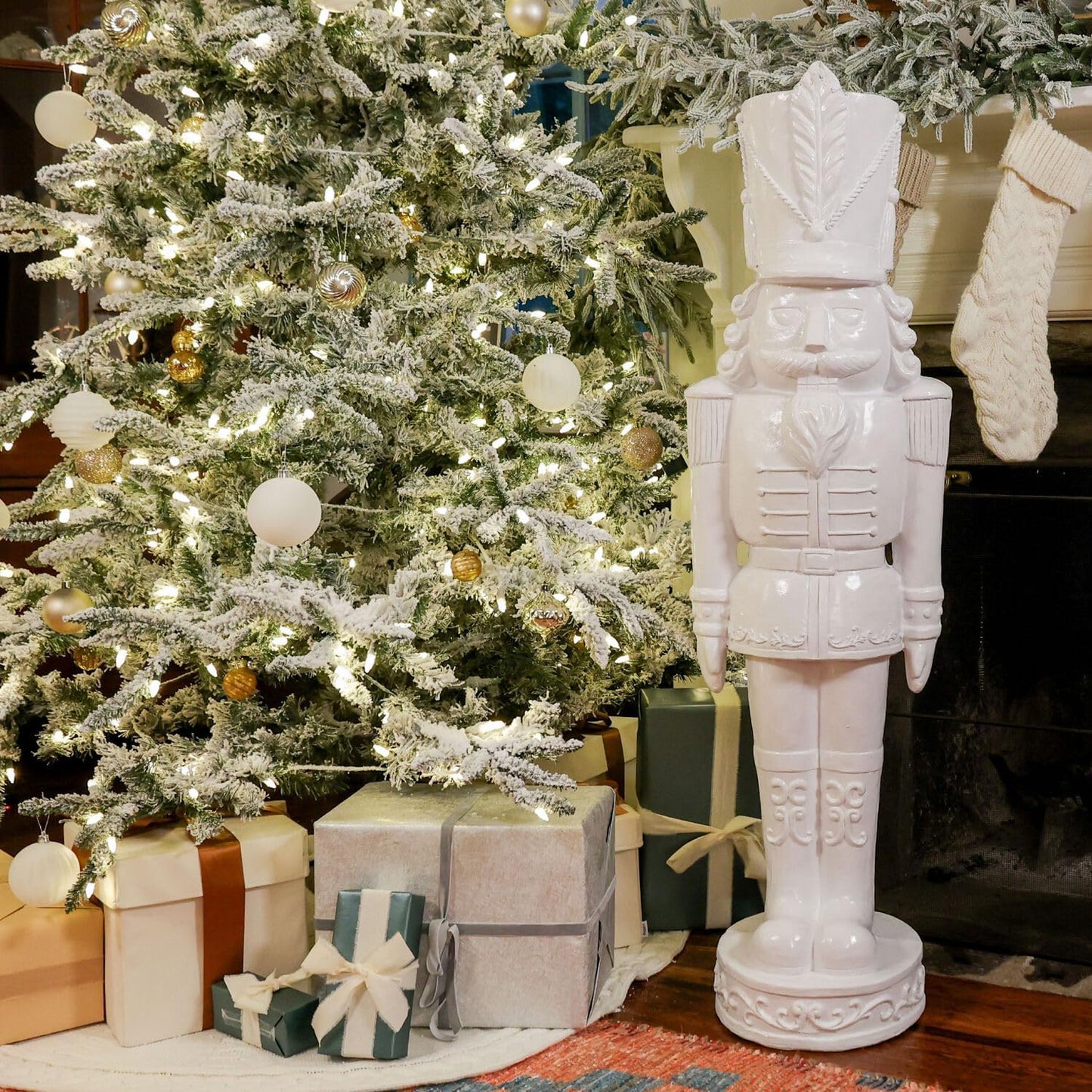 48” Glossy White Soldier, Large Resin Decorative Christmas Nutcracker, Modern Seasonal Holiday Figurine