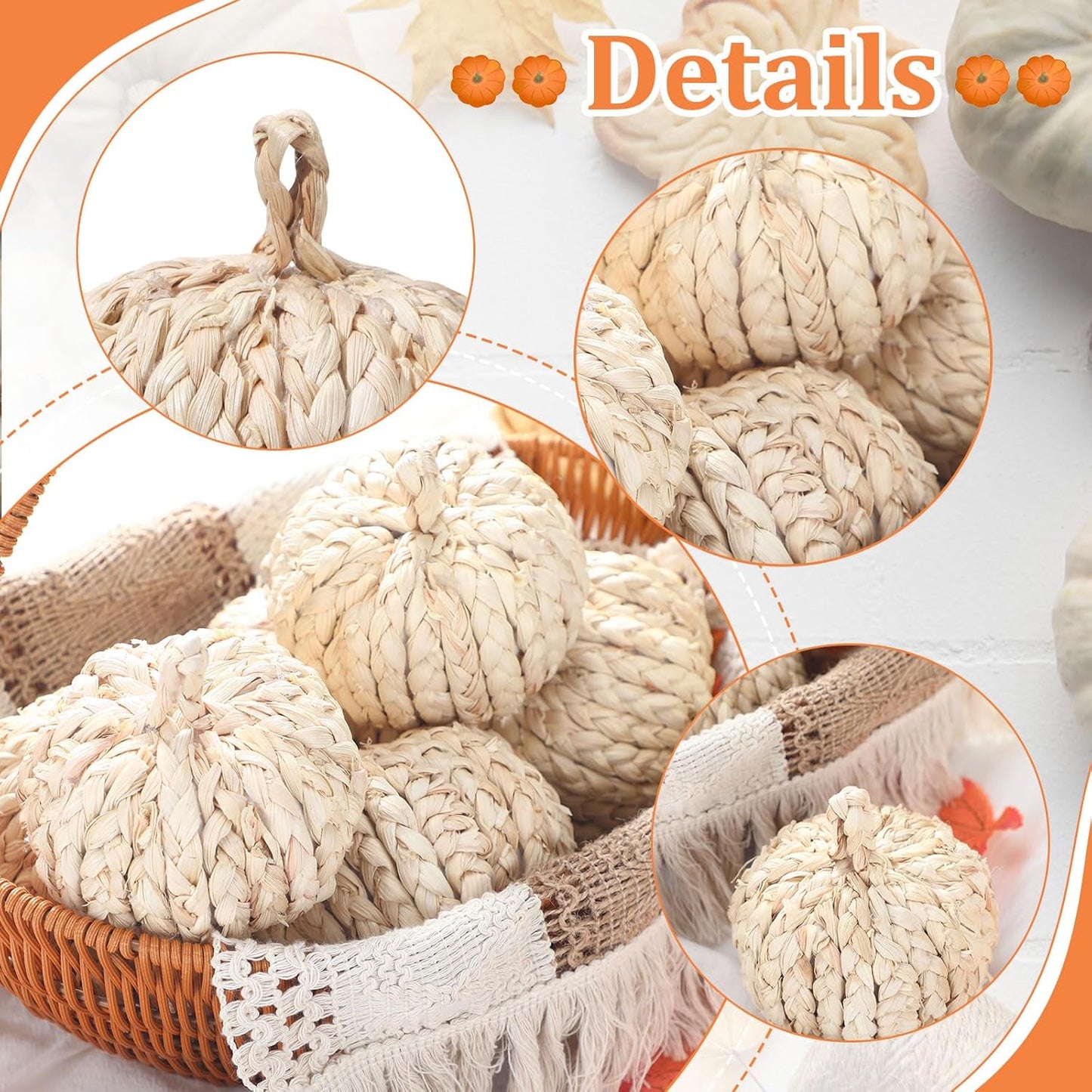 6 Pcs Fall Rattan Pumpkin Decor Woven Corn Husk 4 Inch Braided Pumpkins Foam Woven Decor Artificial Handmade Harvest Fall Centerpieces for Thanksgiving Autumn Halloween Table Decoration