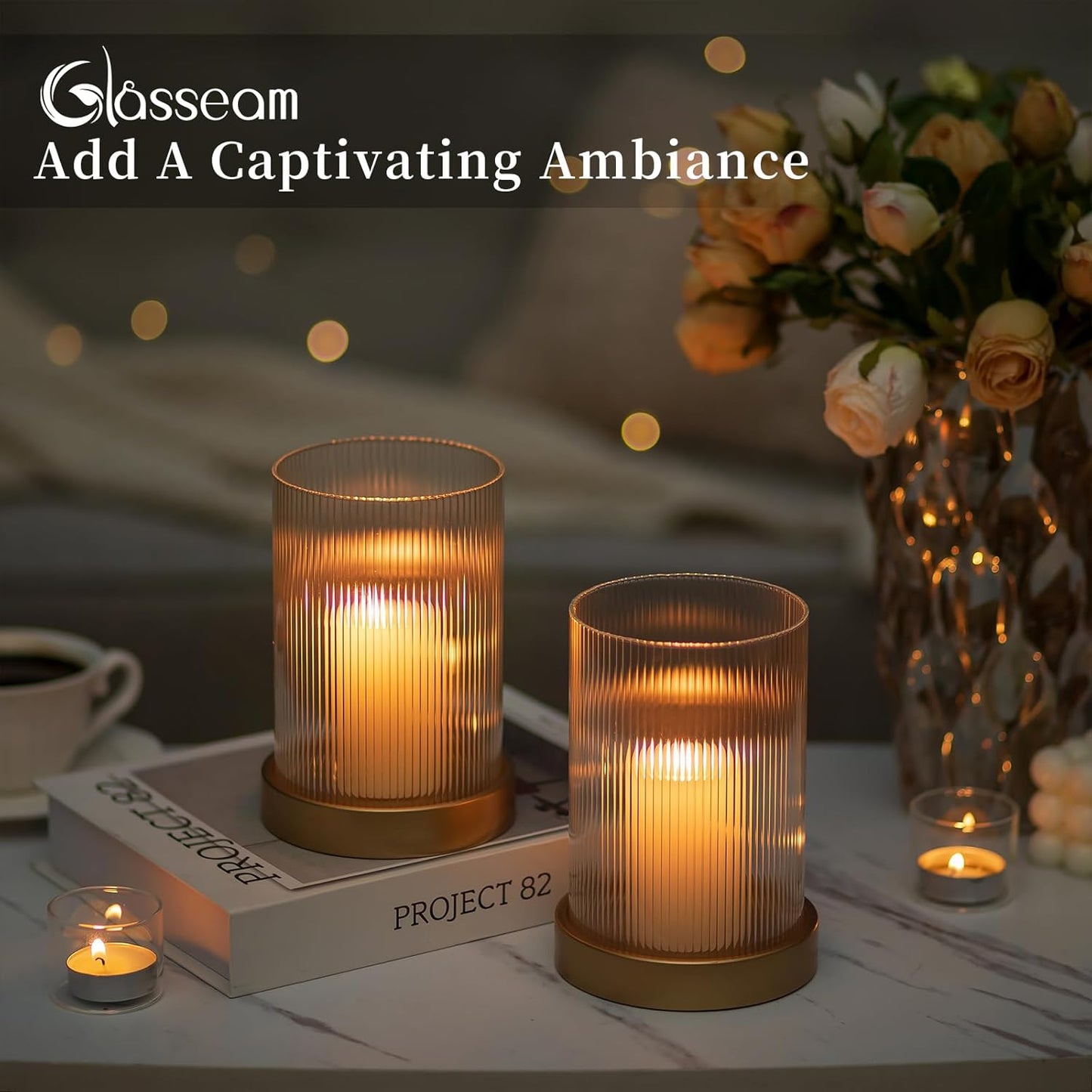 Hurricane Glass Candle Holder: Gold Pillar Candle Holders Set of 2 Ribbed Glass Cylinder Covers with Metal Candle Tray Modern Candle Holders for Table Centerpiece Living Room Decorations