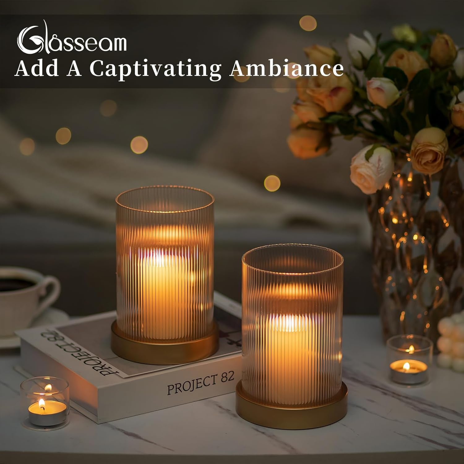 Hurricane Glass Candle Holder: Gold Pillar Candle Holders Set of 2 Ribbed Glass Cylinder Covers with Metal Candle Tray Modern Candle Holders for Table Centerpiece Living Room Decorations