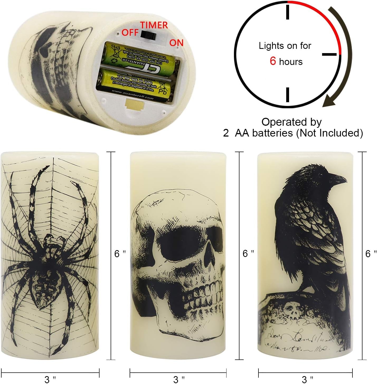Halloween LED Flameless Flickering Candles Battery Operated with 6H Timer Skull Spider Web Crow Raven Spooky Decals Halloween Themed Indoor Decoration(3 Pack, D3 X H6)