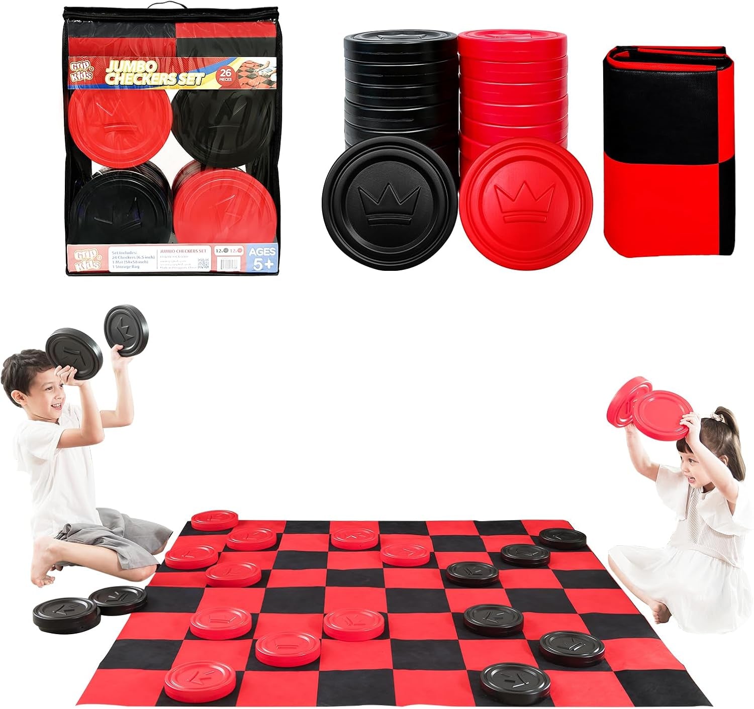 Jumbo Checkers Set with Storage Bag - 58 Inch Mat - Outdoor & Indoor Play Toys, Backyard Board Games, Family Party, Birthday for Toddlers Ages 5 6 7 8 Year Old - Amazon Exclusive