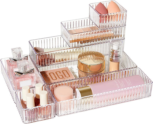 7 PCS Clear Drawer Organizers Bins, 4-Size Stackable Makeup and Vanity Drawer Organizer Trays, Acrylic Bathroom Drawer Storage Containers for Cosmetic, Office Supply, Kitchen Utensils Gadgets