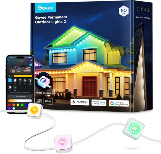Permanent Outdoor Light 2 (Elite), RGBICW 16 Million Colors outside Lights with 100 Preset Modes,Ip67 Waterproof,Holiday Decorations for Christmas,Google,Alexa Support,50Ft,White