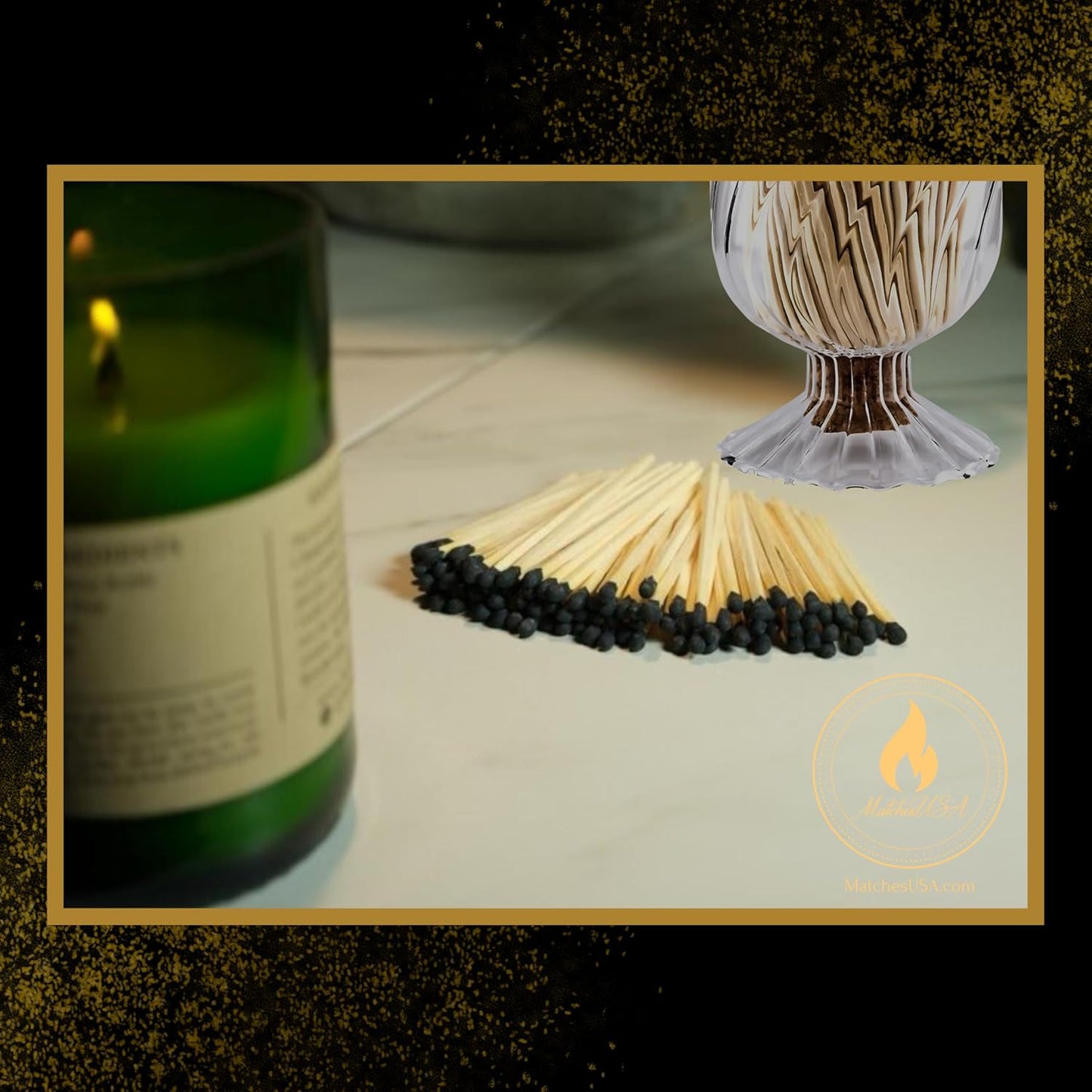 Includes Matches! | Helix Shaped Glass Matches Cloche | Spiral Decorative Match Holder Jar for Candles Set Display (Black Matches)