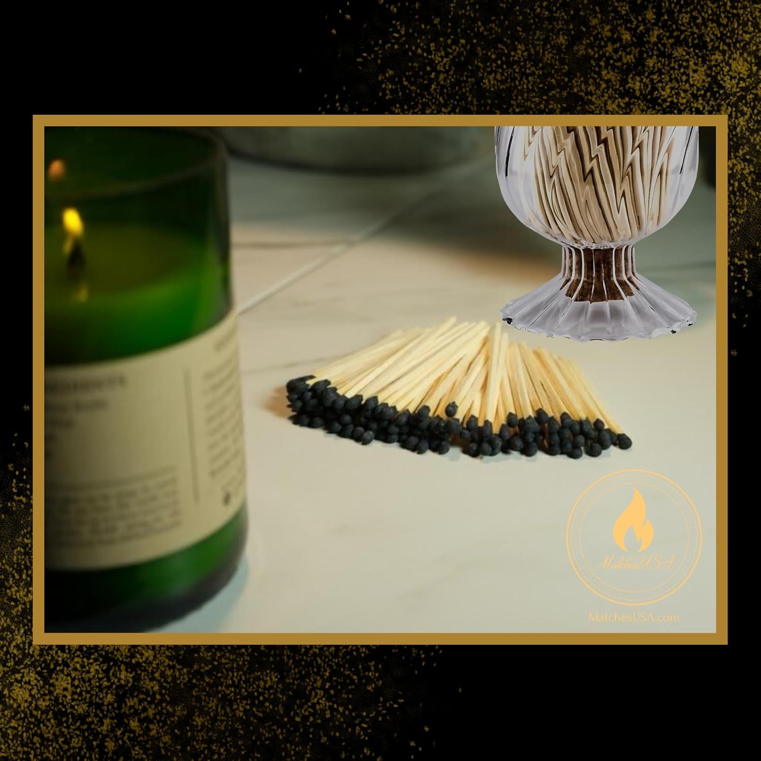 Includes Matches! | Helix Shaped Glass Matches Cloche | Spiral Decorative Match Holder Jar for Candles Set Display (Black Matches)