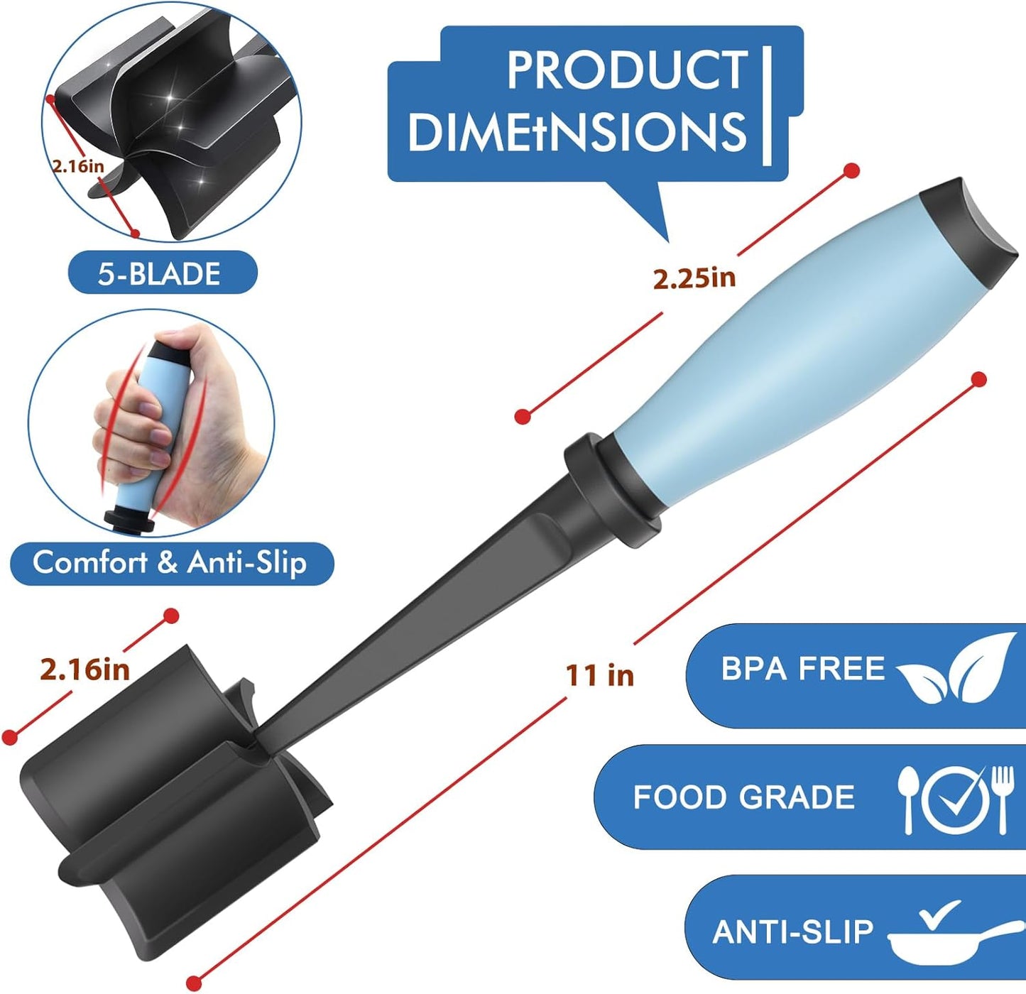 Upgrade Meat Chopper, Heat Resistant Meat Masher for Hamburger Meat, Ground Beef Smasher, Nylon Hamburger Chopper Utensil, Ground Non Stick Mix Chopper, Mix and Chop, Potato Masher Tool（Aqua）