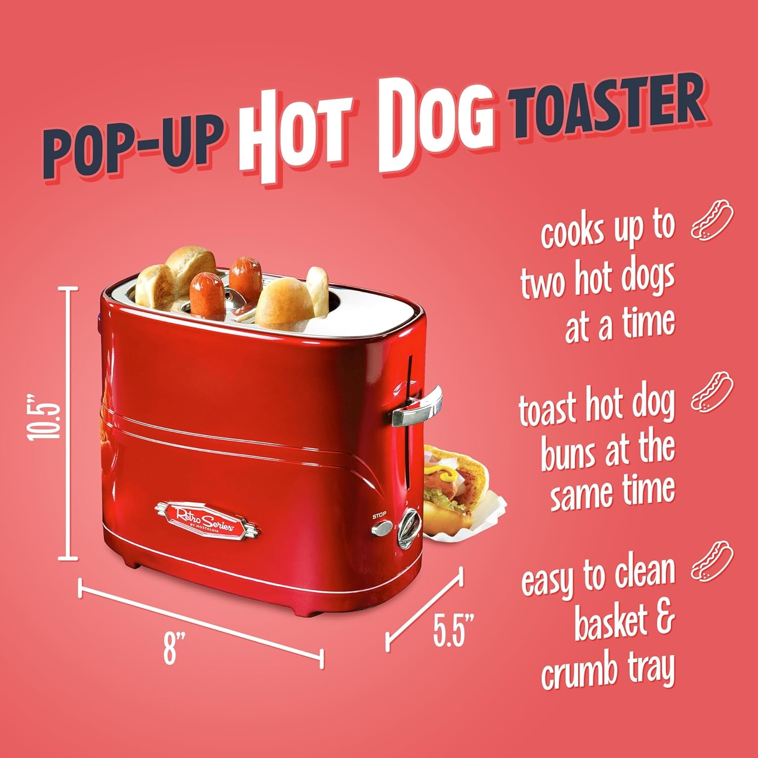 2 Slot Hot Dog and Bun Toaster with Mini Tongs, Retro Toaster, Cooker That Works Chicken, Turkey, Veggie Links, Sausages Brats, Metallic Red