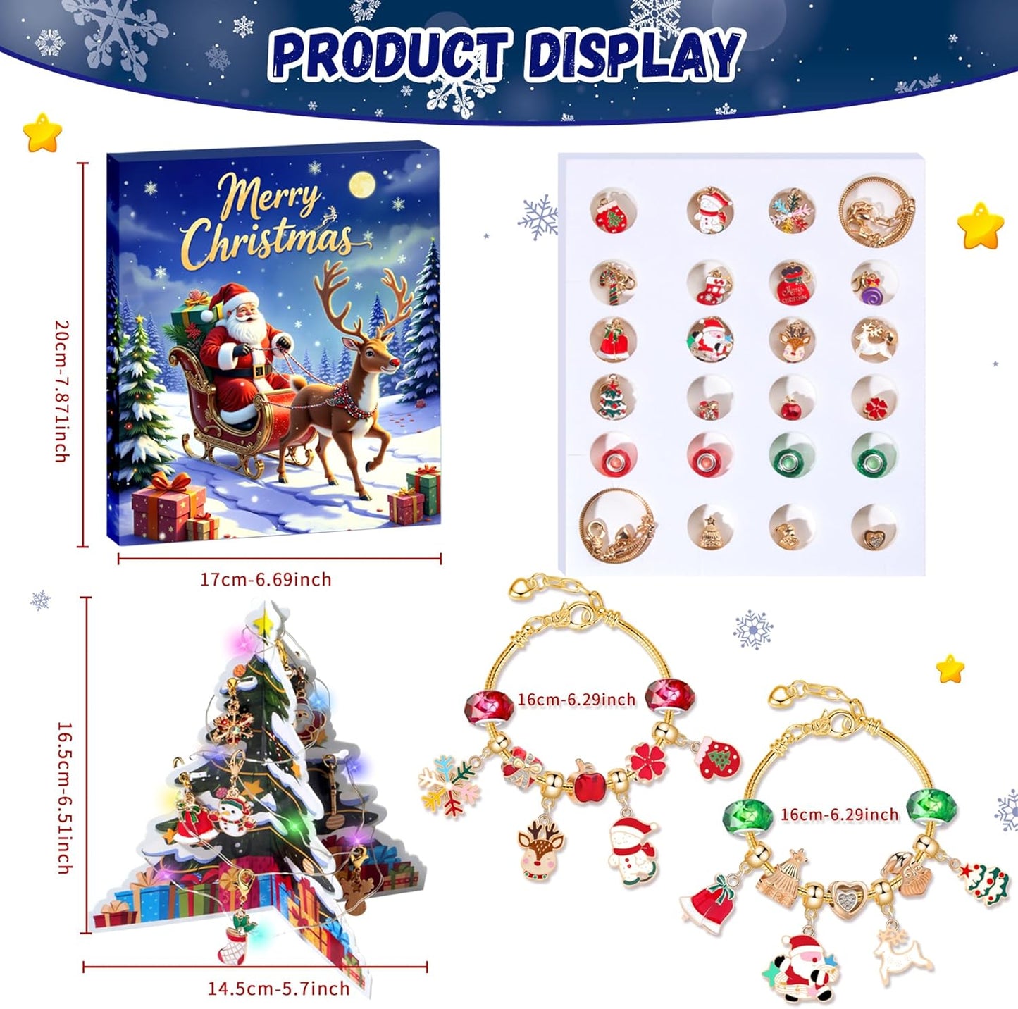 2025 Christmas Advent Calendar Bracelets, 24 Days DIY Jewelry Making Kit with 22 Charm Beads and 2 Adjustable Bracelets, Xmas Countdown Gift for Kids Teens Women