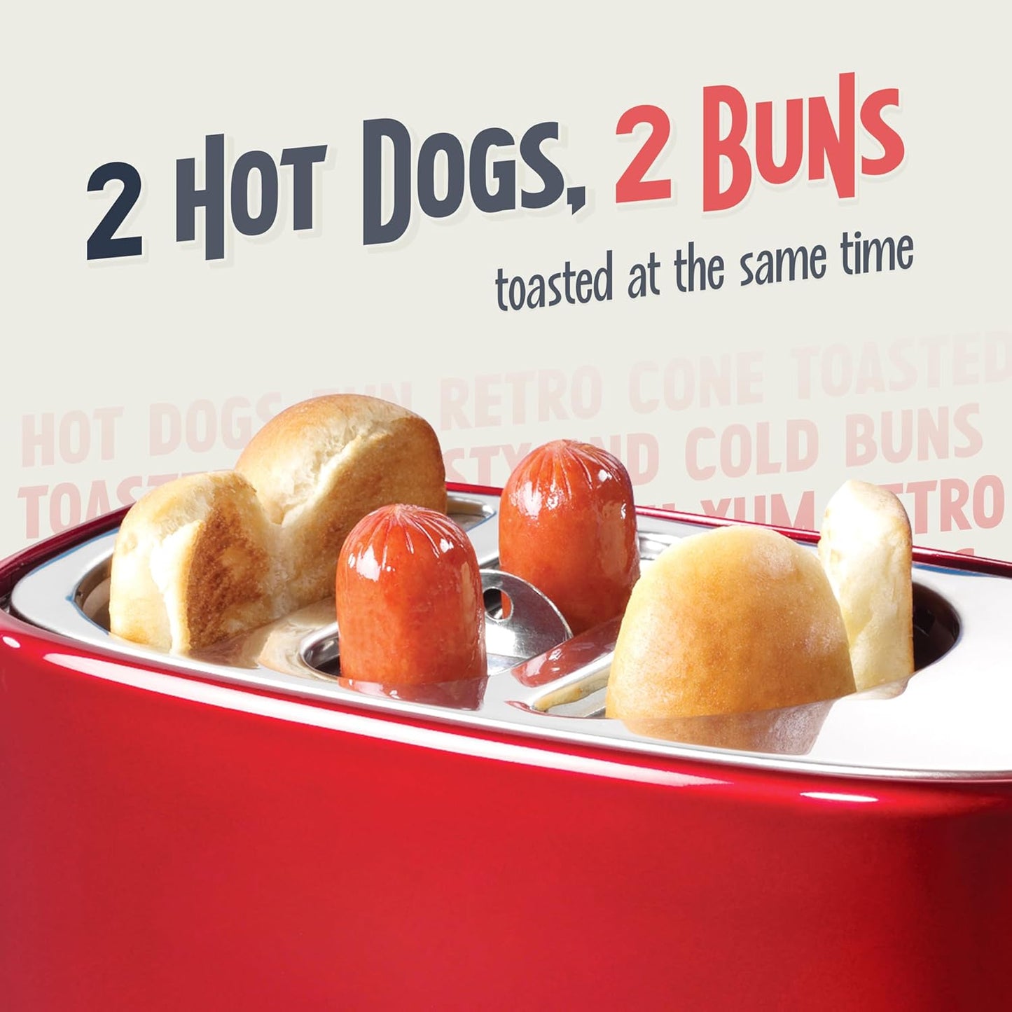2 Slot Hot Dog and Bun Toaster with Mini Tongs, Retro Toaster, Cooker That Works Chicken, Turkey, Veggie Links, Sausages Brats, Metallic Red