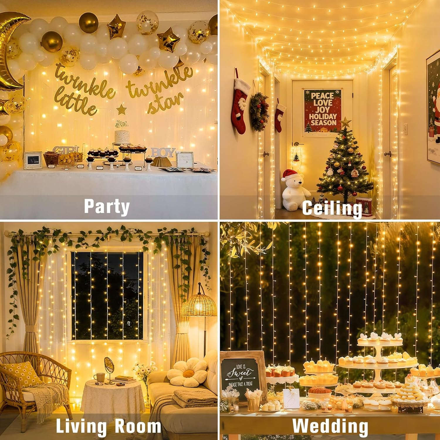 300 LED Remote Control Curtain Lights, Plug in Fairy Curtain Lights Outdoor, Window Wall Hanging String Lights for Bedroom Indoor Dorm Backdrop Wedding Party Patio Christmas Decor, Warm White