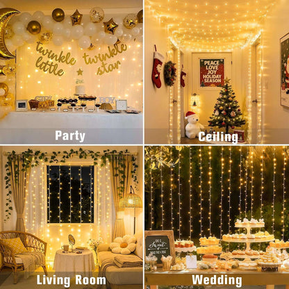 300 LED Remote Control Curtain Lights, Plug in Fairy Curtain Lights Outdoor, Window Wall Hanging String Lights for Bedroom Indoor Dorm Backdrop Wedding Party Patio Christmas Decor, Warm White