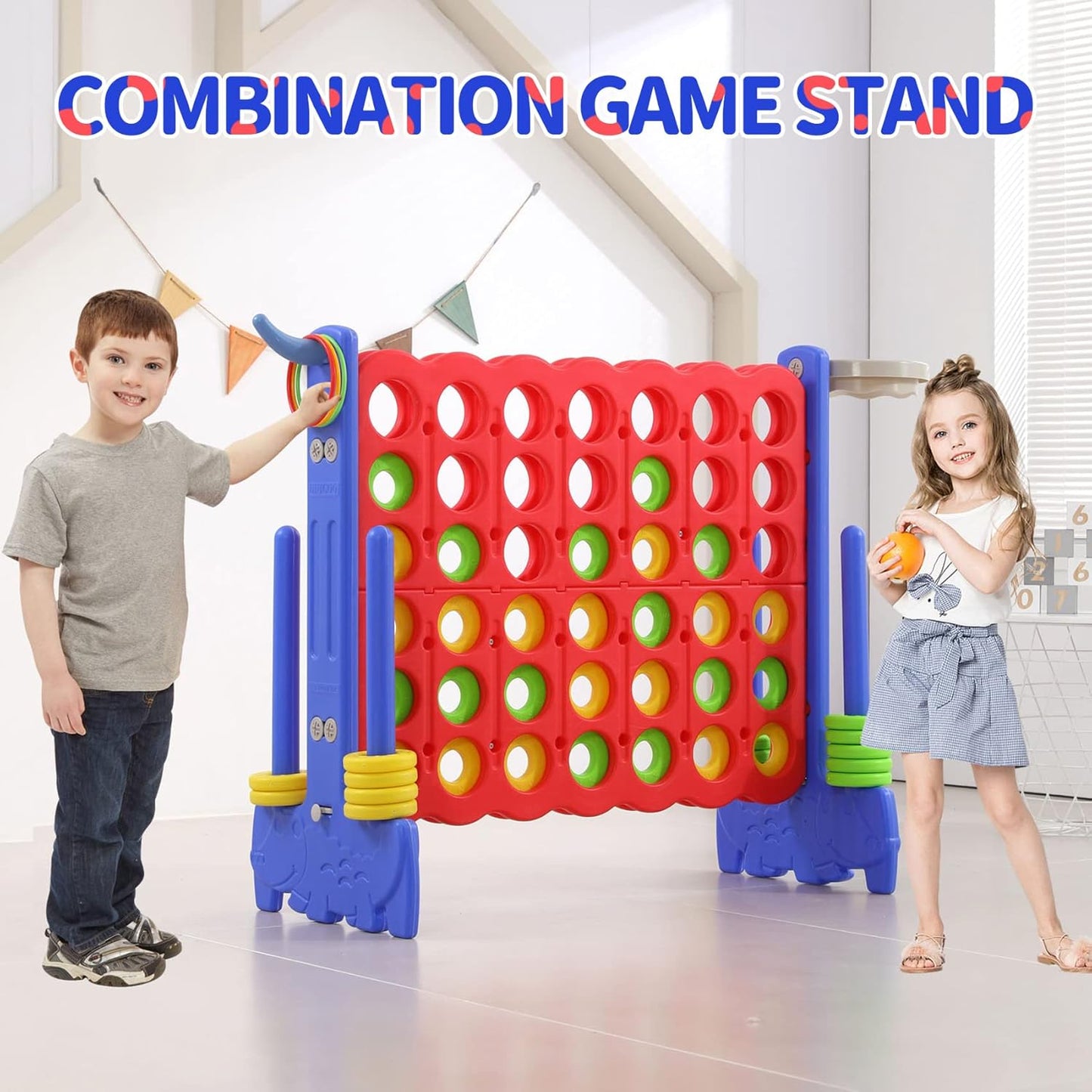 Giant 4-In-A-Row Game with Carry Bag, 3-In-1 Jumbo 4-To-Score Outdoor Yard Game with Basketball Hoop, Ring Toss, Quick-Release Slider, 42 Rings, Family Party Game for Kids & Adults