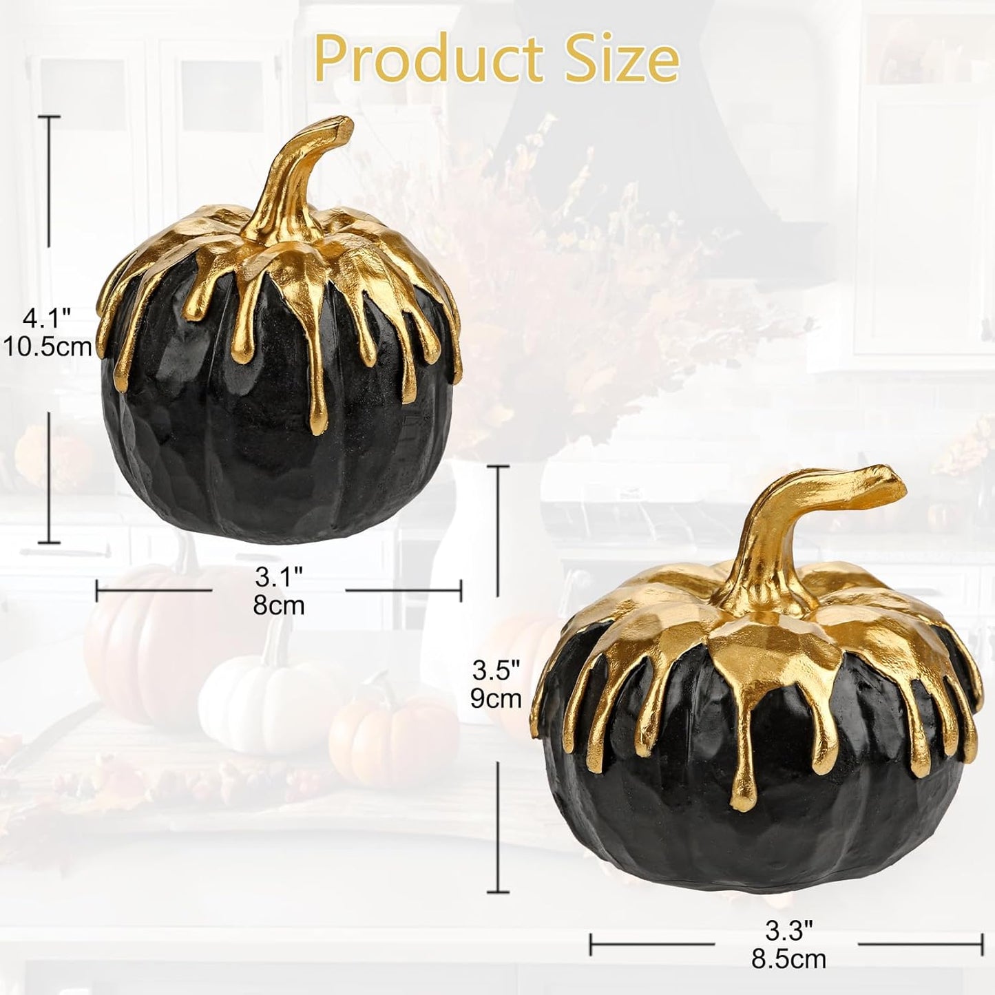 Fall Pumpkin Decor 2 PCS Black and Gold Resin Pumpkin Fake Pumpkins for Decorating Figurines Artificial Pumpkins Centerpiece Rustic Farmhouse Halloween Table Fall Decorations for Home