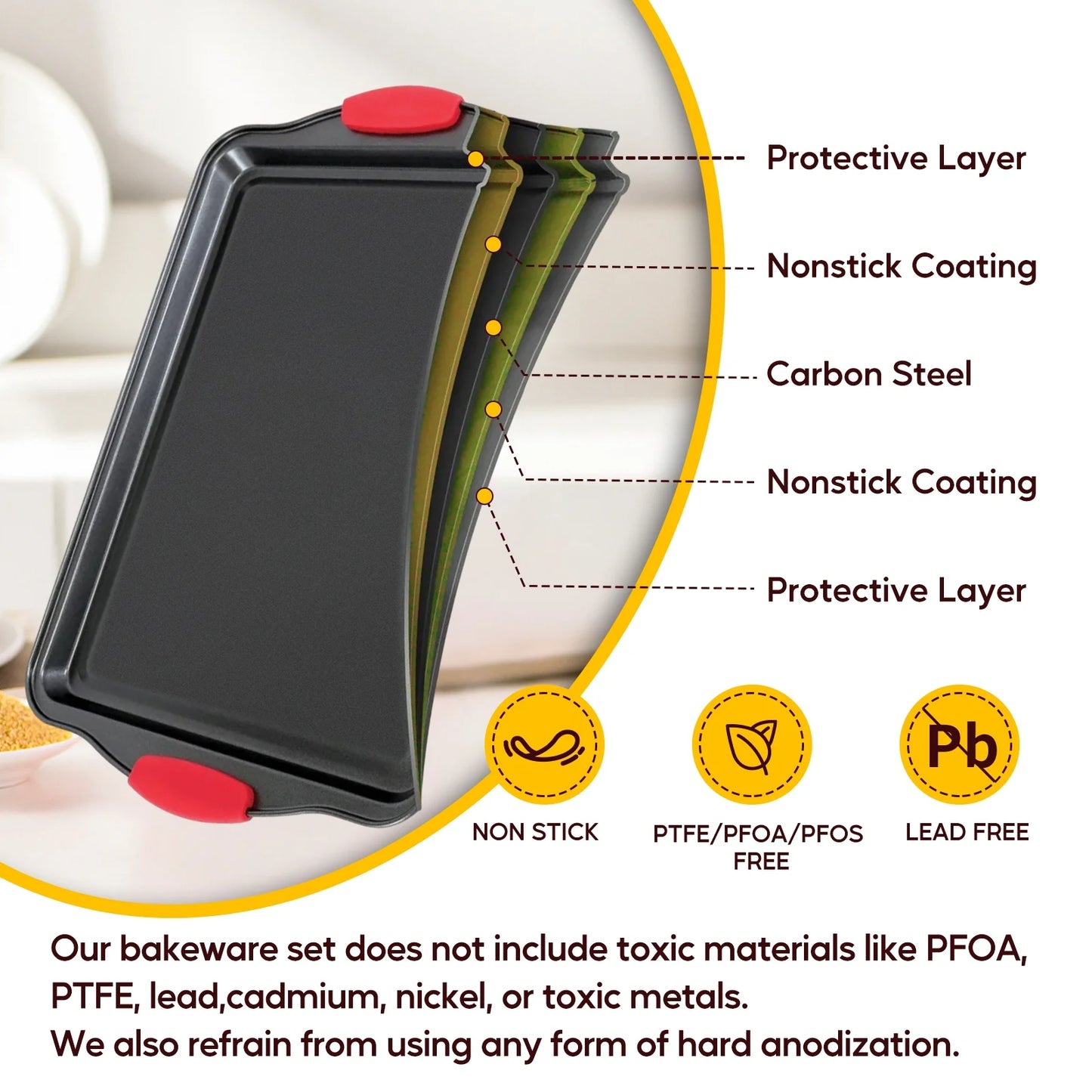 3-Piece Nonstick Carbon Steel Bakeware Set with Silicone Handles, Black