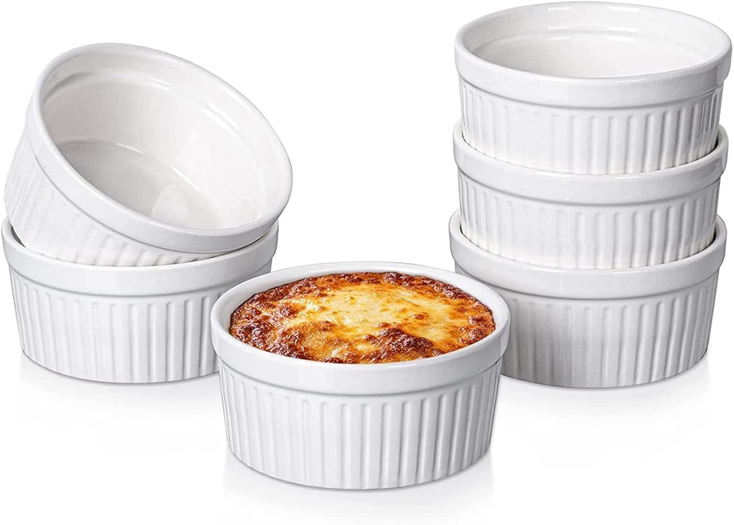 Ramekins 12 Oz Oven Safe, Creme Brulee Set, 6 PACK Porcelain Souffle Dish for Baking, Soup Bowls for French Onion Soup White
