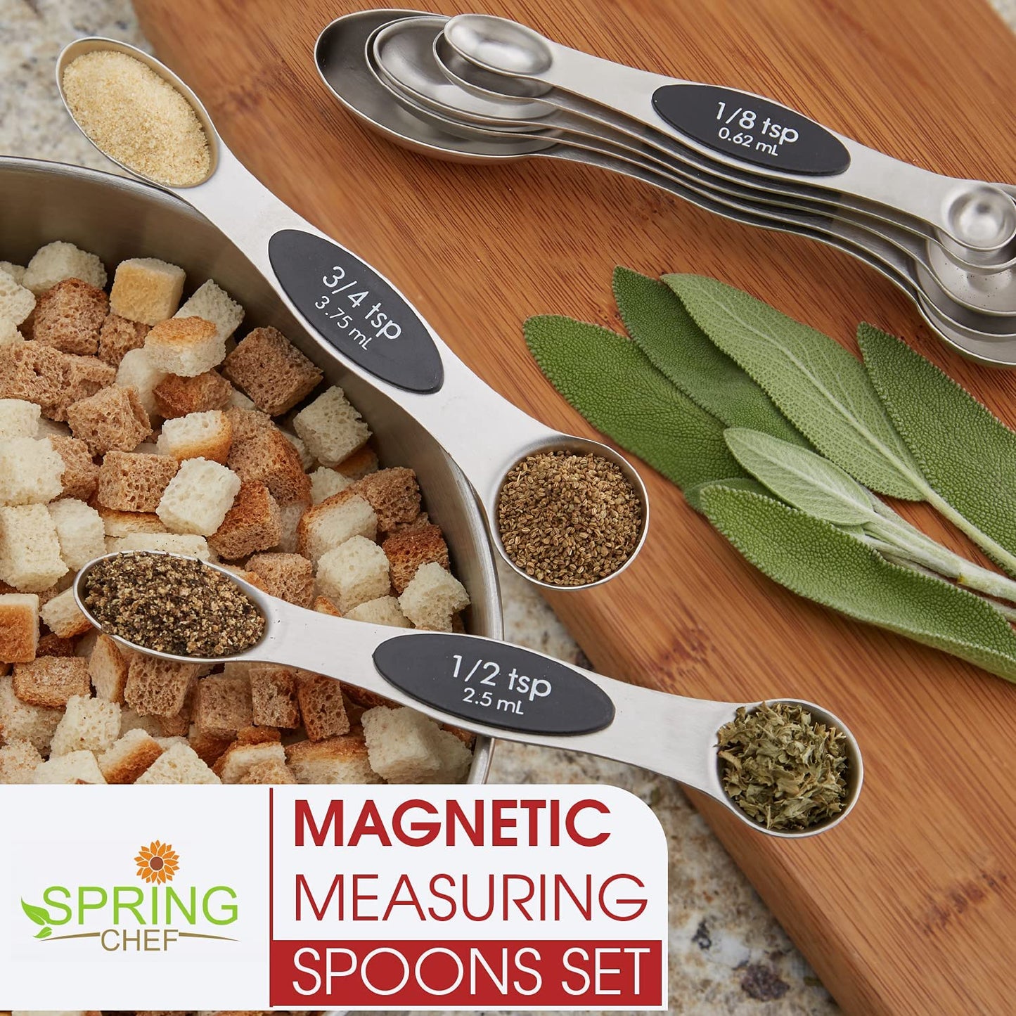 Stainless Steel Magnetic Measuring Spoons Set with Strong N45 Magnets, Heavy Duty Metal Kitchen Gadgets for Baking & Cooking, Fits in Most Kitchen Spice Jars, Set of 8 with Leveler, Black