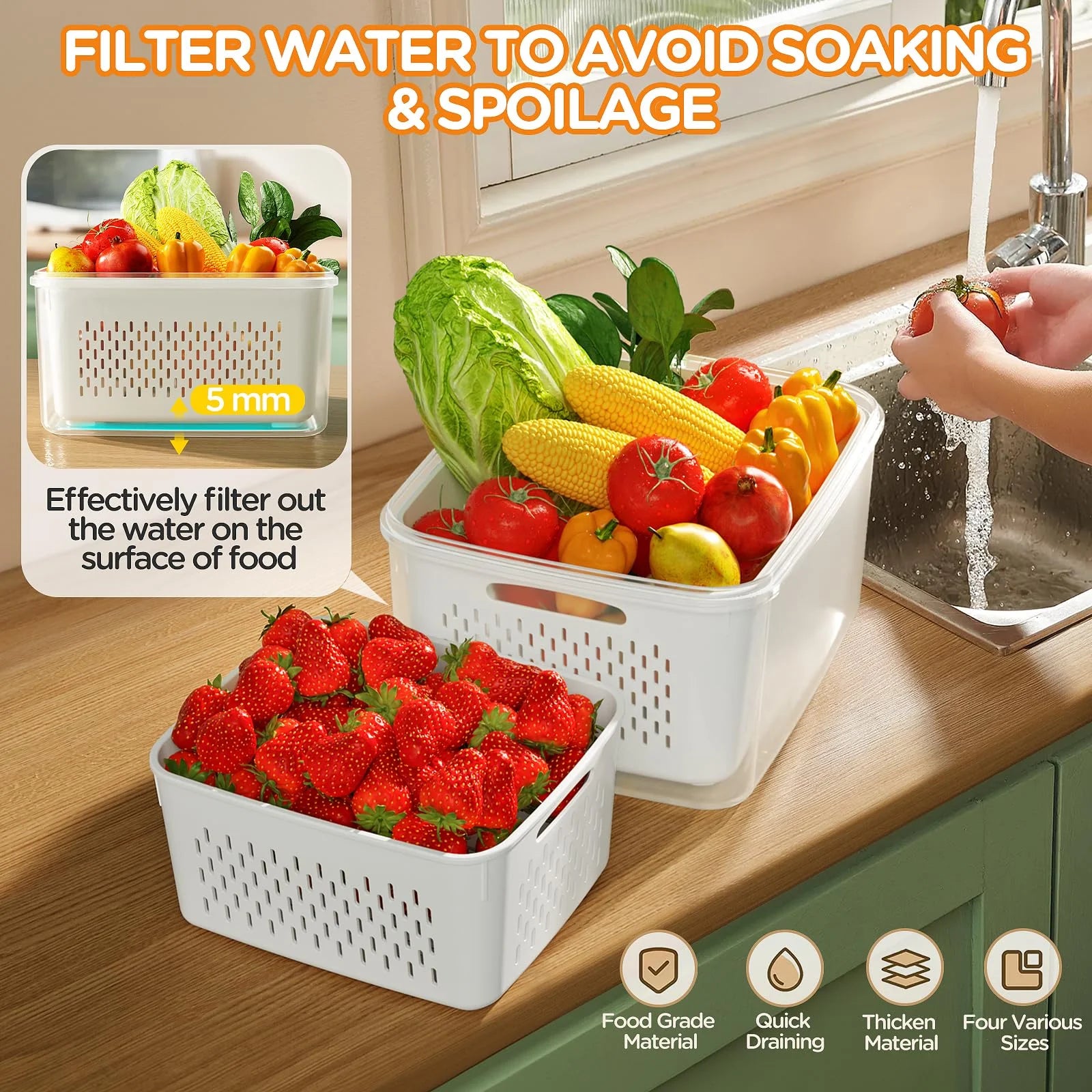 5 Pack Fruit Storage Containers for Fridge with Removable Colanders and Lids, 5 in 1 Leakproof Fridge Organizer Bins for Salad Berry Lettuce Vegetables Meat Keeper Fresh