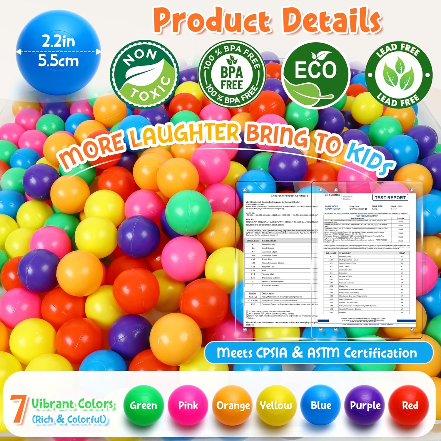 Ball Pit Balls Phthalate Free BPA Free Crush Proof Plastic - 7 Bright Colors in Reusable Play Toys for Kids with Storage Bag