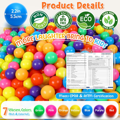 Ball Pit Balls Phthalate Free BPA Free Crush Proof Plastic - 7 Bright Colors in Reusable Play Toys for Kids with Storage Bag