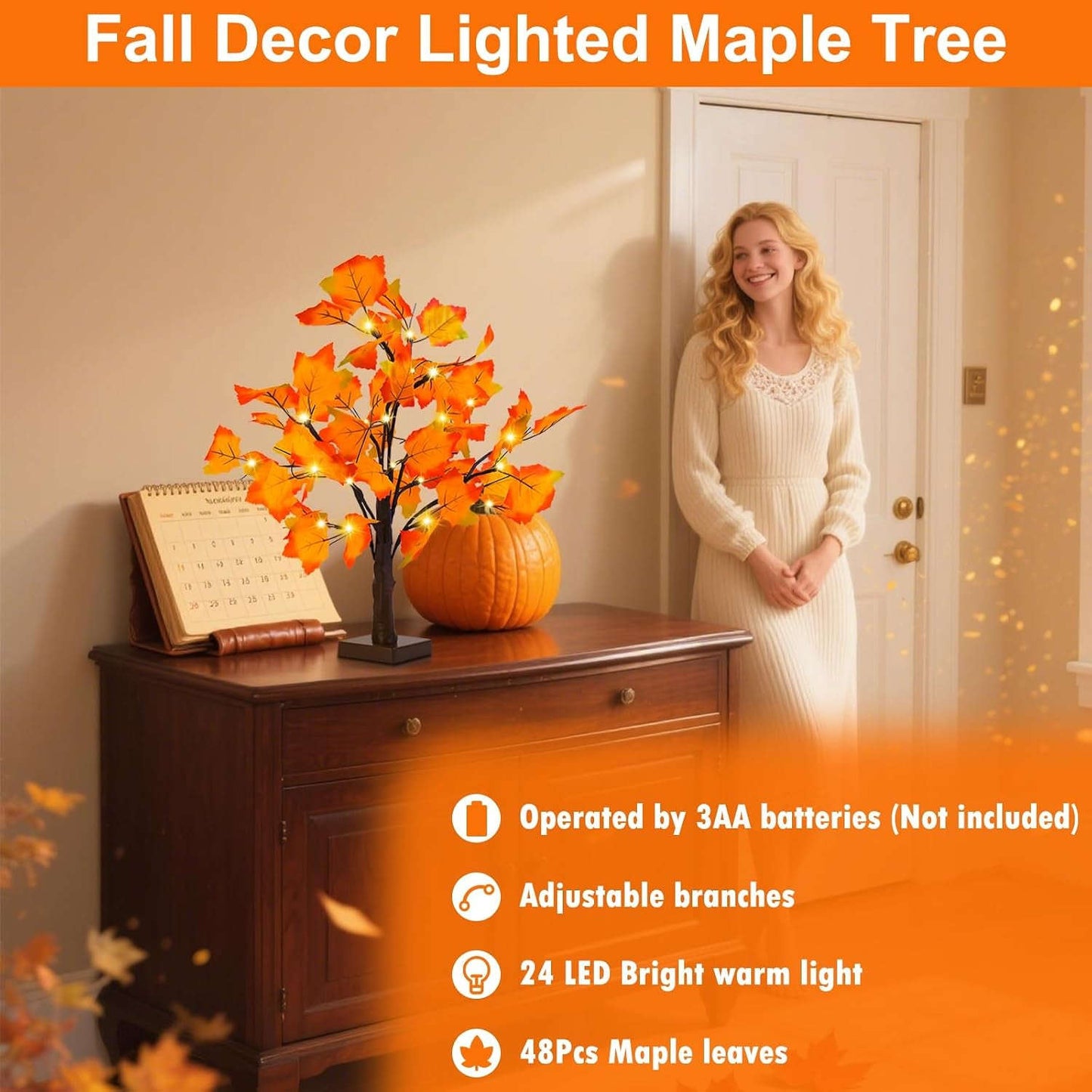 Fall Decor 2 Pack Fall Trees Artificial Lighted Maple Tree Thanksgiving Decor 48 LED Table Fall Lights up Tree Battery Operated for Wedding Party Gifts Indoor Outdoor Autumn Harvest Home Decorations