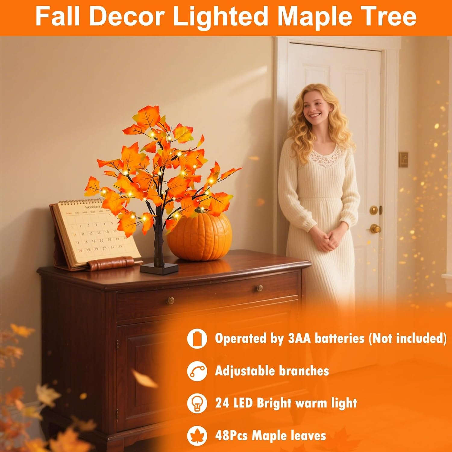 Fall Decor 2 Pack Fall Trees Artificial Lighted Maple Tree Thanksgiving Decor 48 LED Table Fall Lights up Tree Battery Operated for Wedding Party Gifts Indoor Outdoor Autumn Harvest Home Decorations