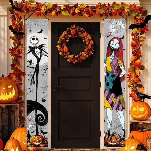 Jack Skellington Sally Banner Nightmare before Christmas Halloween Decorations Porch Door Sign Welcome Banner Indoor Outdoor Wall Home Party Supplies