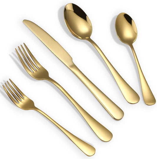 Gold Silverware Set, 20 Piece Golden Cutlery Set Service for 4, Stainless Steel Flatware Set Include Spoons Forks Knives Tableware Utensil Set for Kitchen Home Restaurant, Shiny Gold Polished