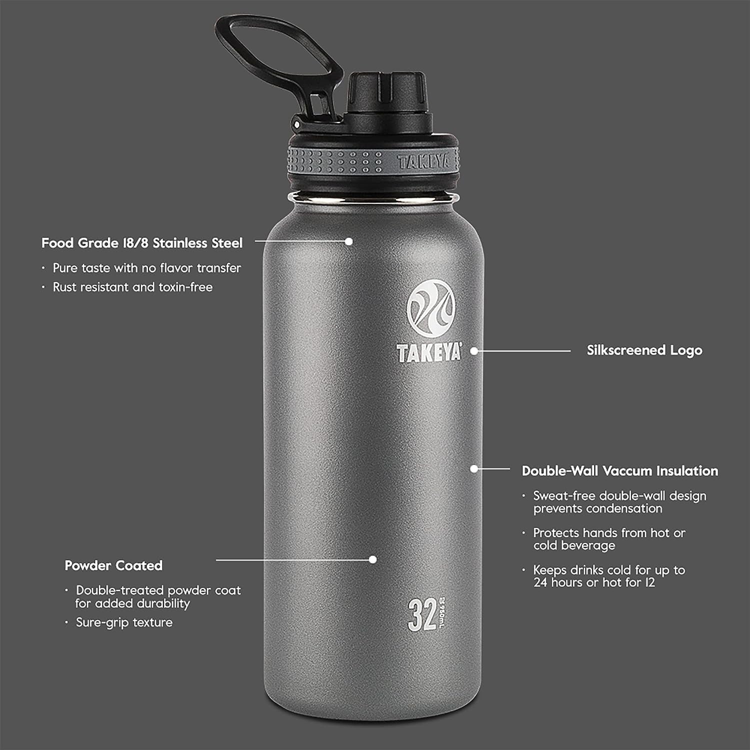 40 Oz Vacuum Insulated Stainless Steel Water Bottle with Spout Lid - Black