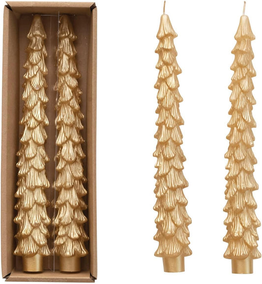 Unscented Tree Shaped Taper Candles, Gold, Boxed Set of 2