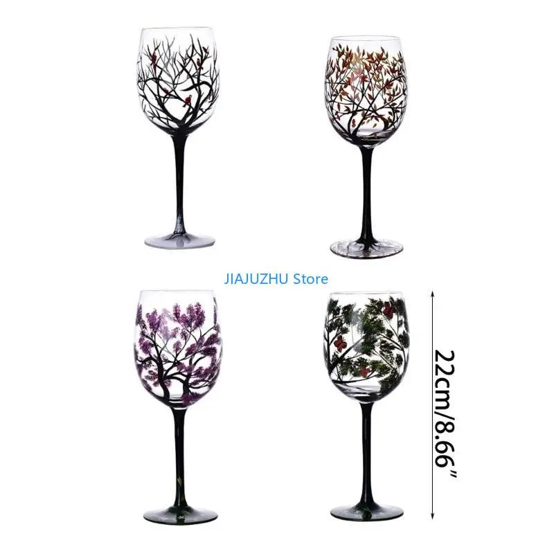 066E Four Seasons Tree Wine Glass Hand-Painted Art Glassware Unique Glasses Drinkware for Home Office Decorative Gift Cups