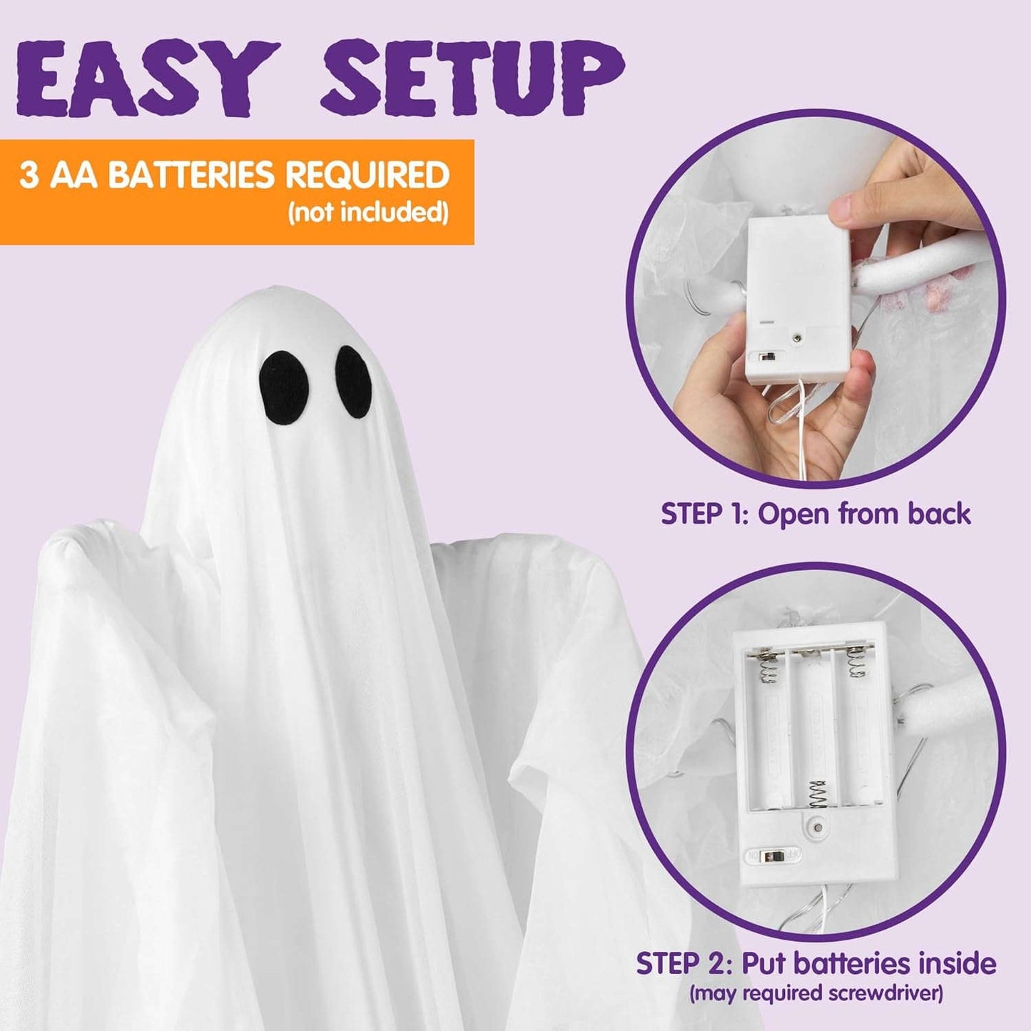 Halloween Hanging Light up Ghost, 47” White Ghosts with Warm White LED Light and Timer Halloween Hanging Decoration Waterproof for Front Yard Patio Lawn Garden Party Decor Indoor Outdoor