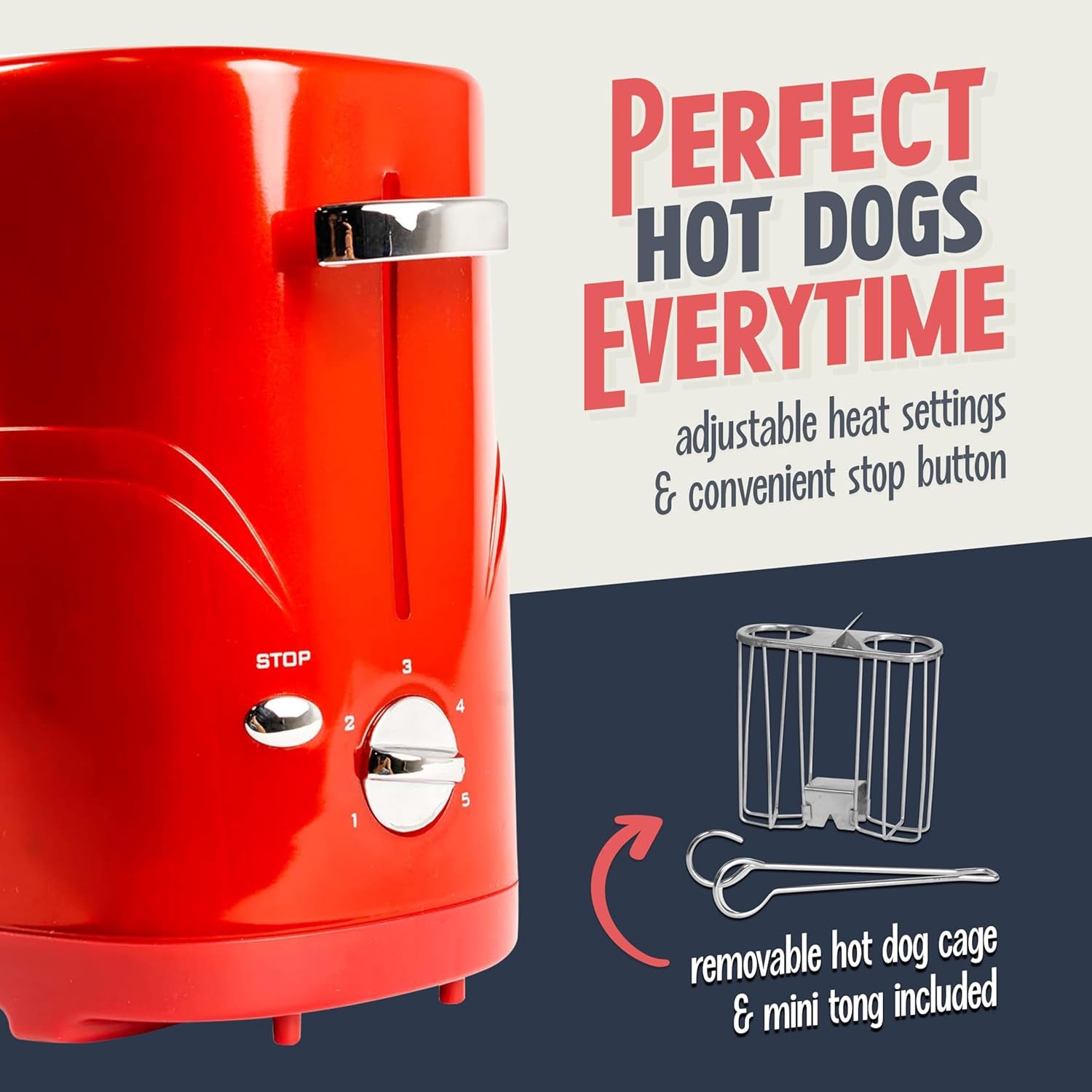 2 Slot Hot Dog and Bun Toaster with Mini Tongs, Retro Toaster, Cooker That Works Chicken, Turkey, Veggie Links, Sausages Brats, Metallic Red