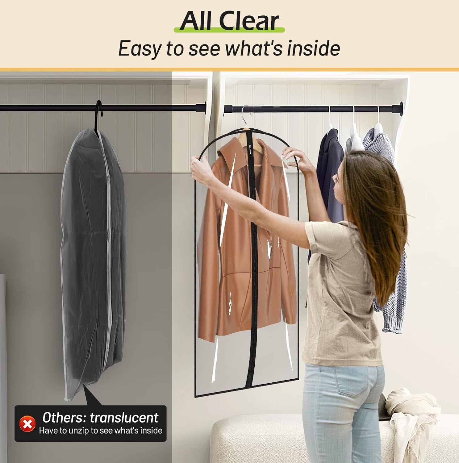 All Clear Garment Bags for Hanging Clothes 40" Suit Bags for Closet Storage Plastic Clothes Covers for Shirts, Jackets, Coats, 6 Packs
