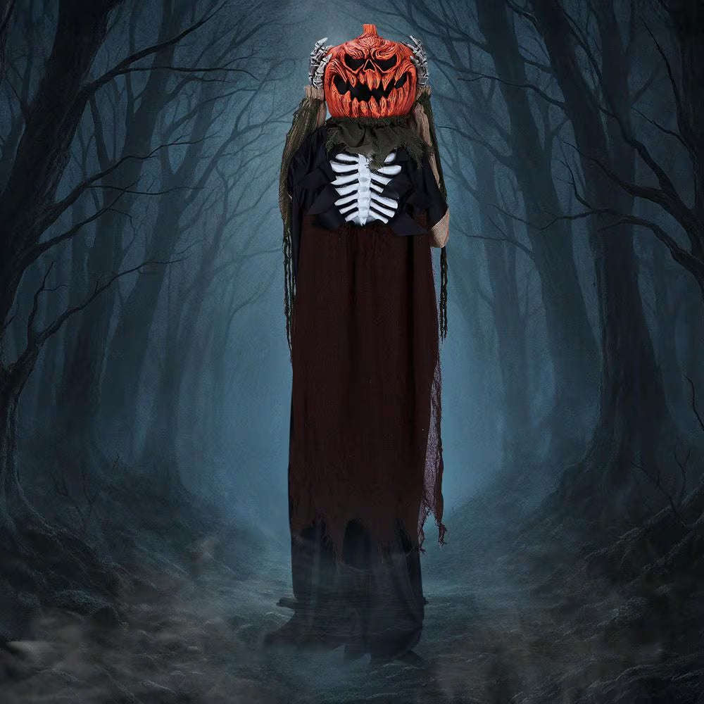 5. 6 Ft. Lifesize Haunted Animatronics Ghost with Pumpkin Head with Creepy Sound Outdoor Indoor Halloween Decoration