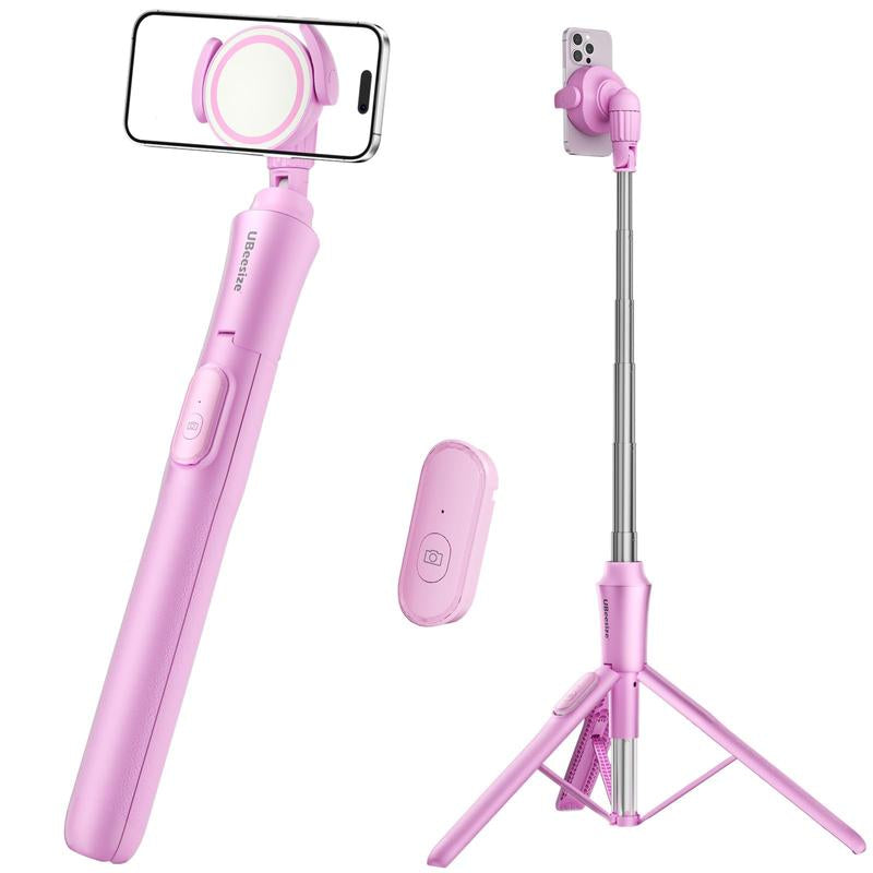 Ubeesize 62'' Magnetic Tripod for Iphone with Remote Extendable Cell Phone Stand Compatible Magsafe Selfie Stick for Iphone 15 14 13 12 11 Series & Android Phones Pink Aluminum Portable Compact Bluetooth Clip - Smartphone