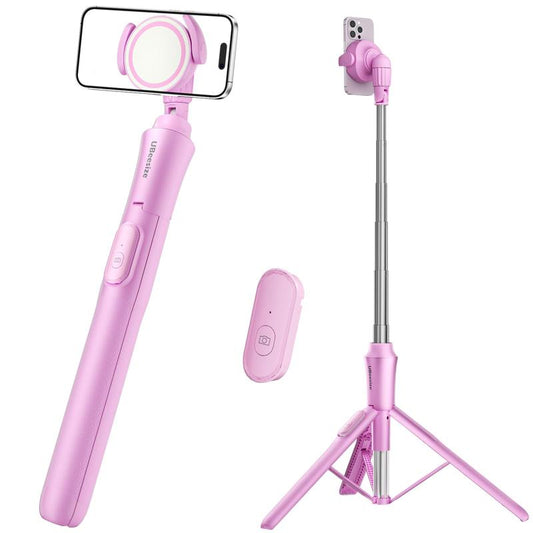 Ubeesize 62'' Magnetic Tripod for Iphone with Remote Extendable Cell Phone Stand Compatible Magsafe Selfie Stick for Iphone 15 14 13 12 11 Series & Android Phones Pink Aluminum Portable Compact Bluetooth Clip - Smartphone