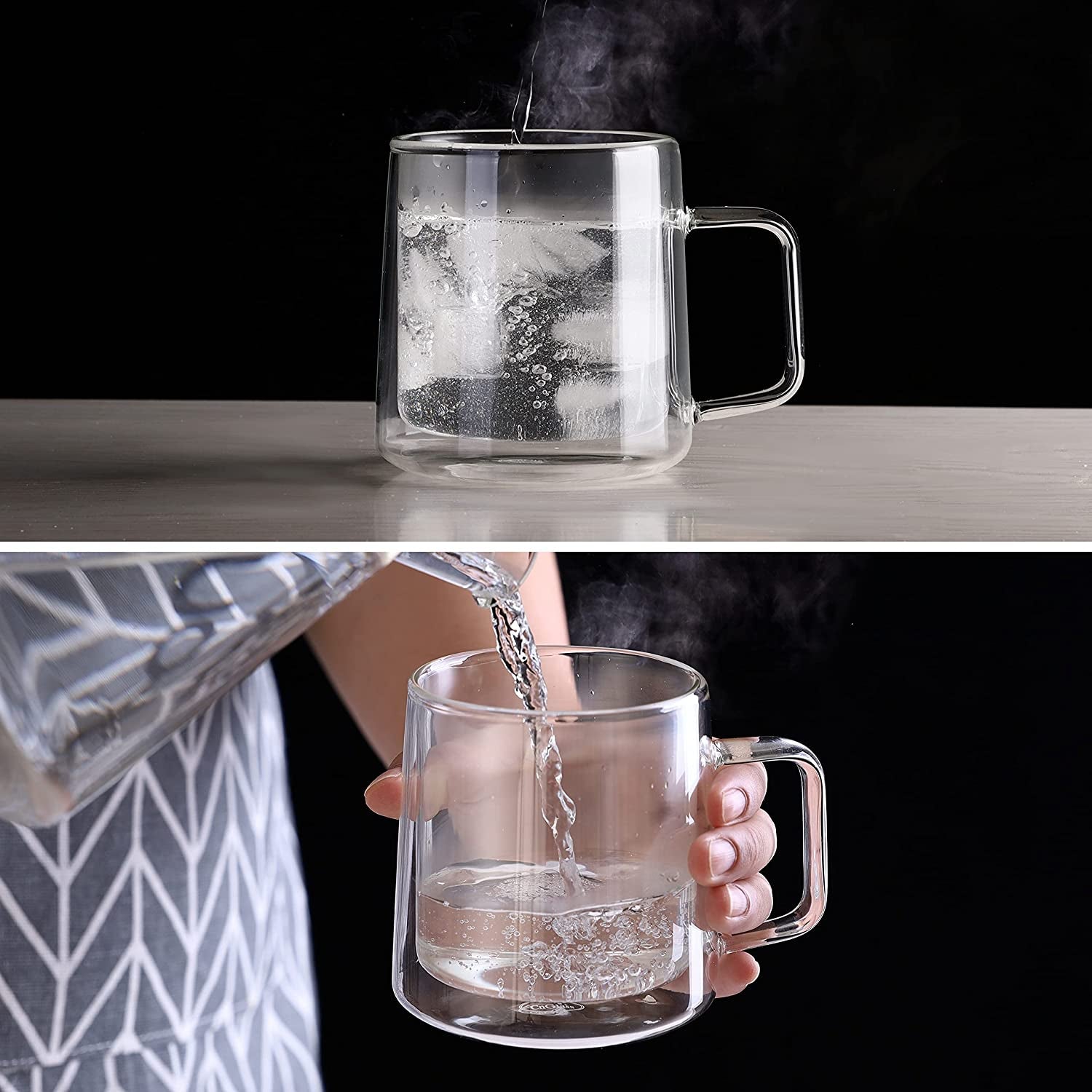 12Oz Glass Coffee Mugs,Double Wall Insulated Glass Cups with Handle,Clear Espresso Mugs for Latte,Cappuccino,Tea Bag,Set of 2