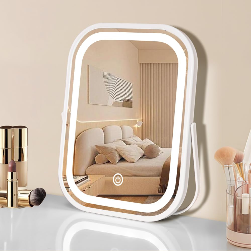 Travel Makeup Mirror with Lights, Portable Small Beauty LED Vanity Mirror with Lights, 1200Mah Battery, Dimmable Touch Screen, Tabletop Folding Compact Mirror,Women Gift