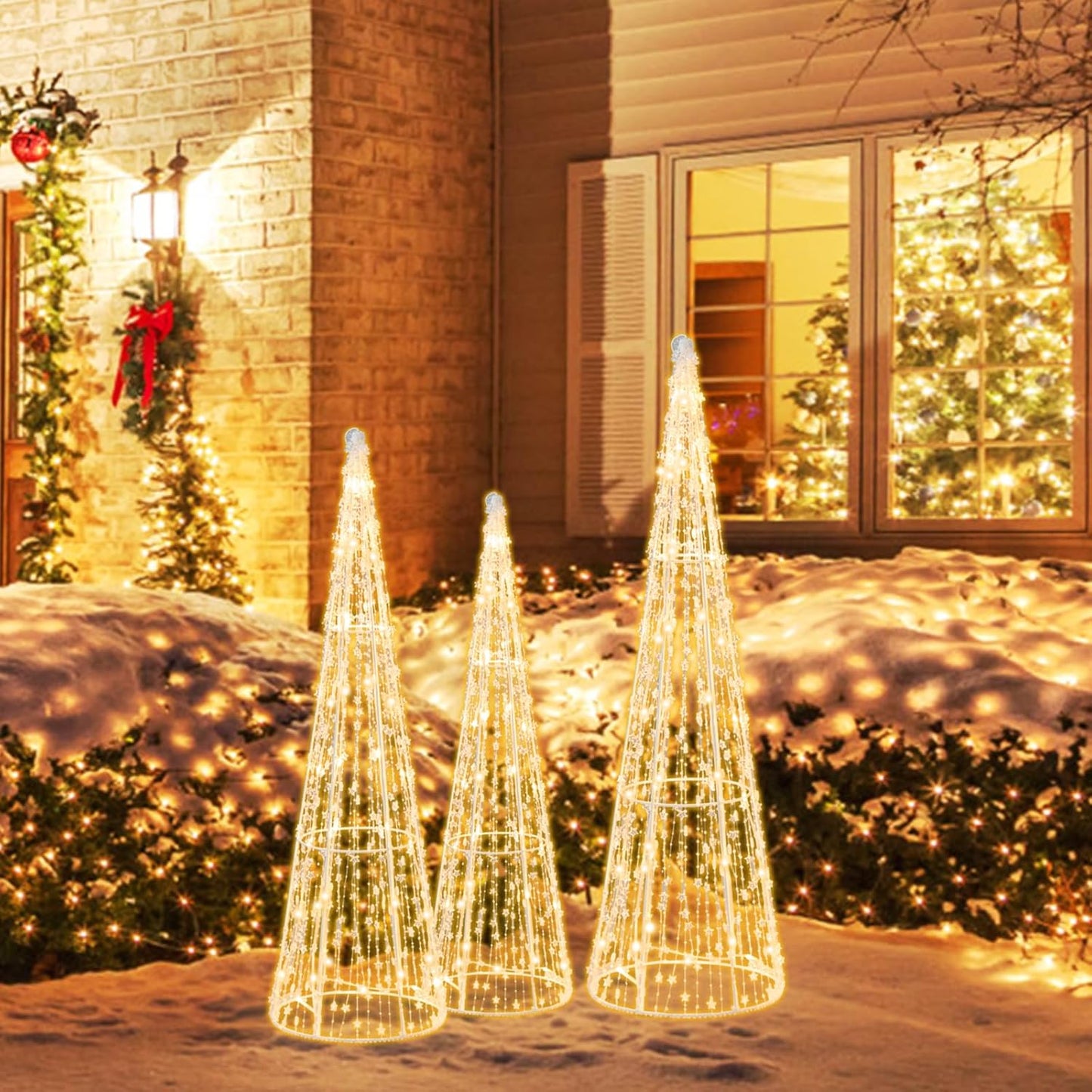 Set of 3 Lighted Christmas Cone Trees, Xmas Decorative Conic Tree Set with Star Strings, 90 Warm White LED Lights, Indoor & Outdoor Lighted Decorations for Lawn Yard Garden Party