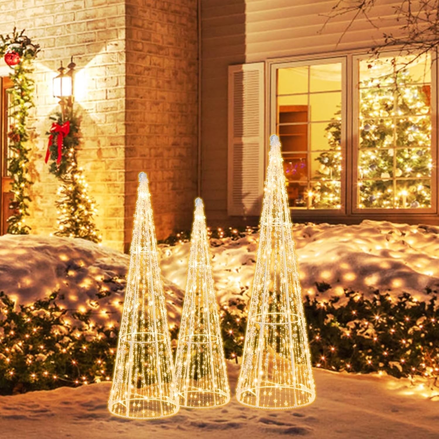 Set of 3 Lighted Christmas Cone Trees, Xmas Decorative Conic Tree Set with Star Strings, 90 Warm White LED Lights, Indoor & Outdoor Lighted Decorations for Lawn Yard Garden Party