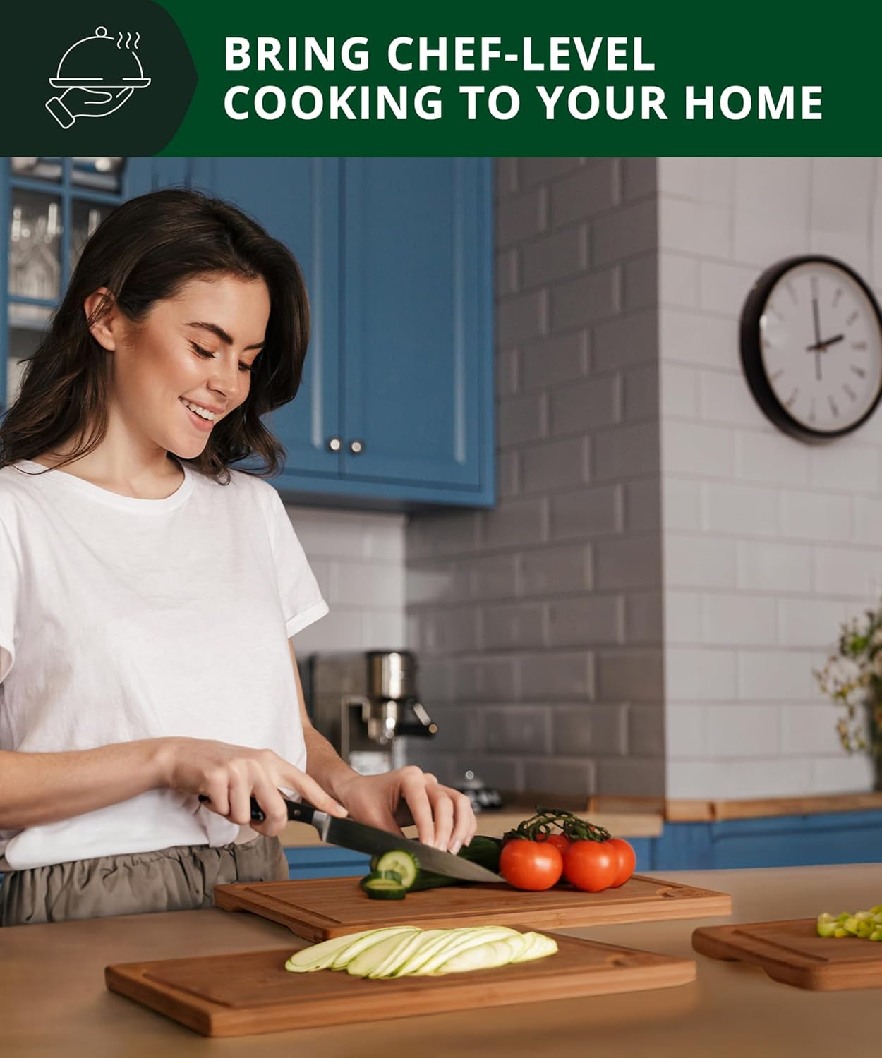 Wooden Cutting Boards for Kitchen Meal Prep & Serving - Bamboo Wood Serving Board Set with Deep Juice Groove Side Handles - Charcuterie & Chopping Butcher Block for Meat (3 Pcs)