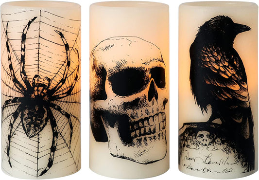Halloween LED Flameless Flickering Candles Battery Operated with 6H Timer Skull Spider Web Crow Raven Spooky Decals Halloween Themed Indoor Decoration(3 Pack, D3 X H6)