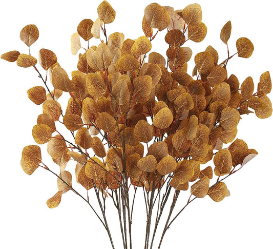 6 Pcs Fall Eucalyptus Leaves Artificial Eucalyptus Stems Long Silver Dollar Leaves Autumn Leaf Branches Fake Silk Eucalyptus for Christmas Home Autumn Thanksgiving Decor(Dark Yellow)